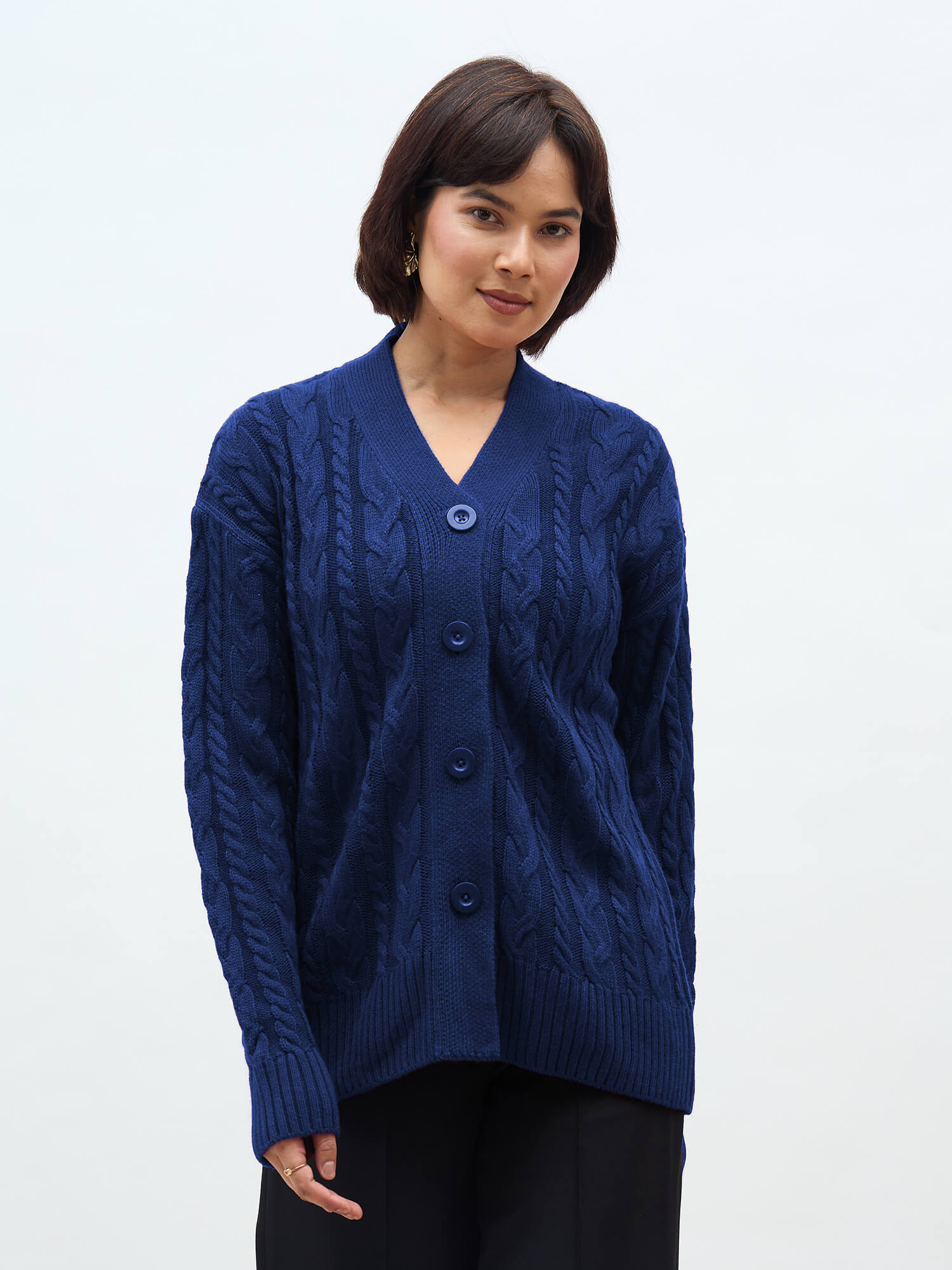 Tabitha Cable Knit Cardigan-Navy