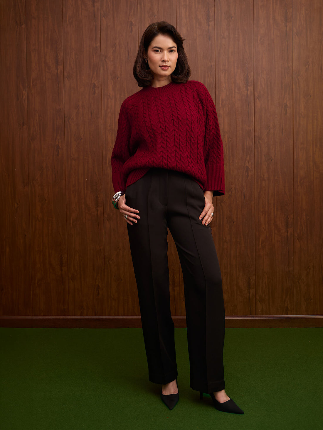 Gigi Cable Knit Sweater-Wine