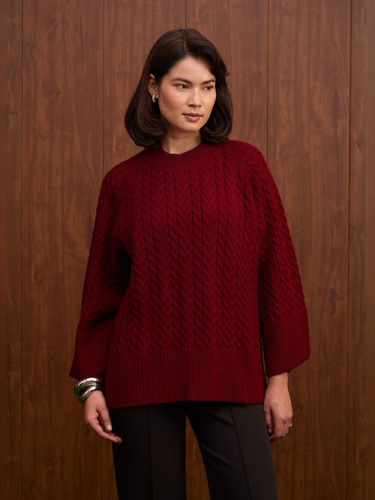 Gigi Cable Knit Sweater-Wine