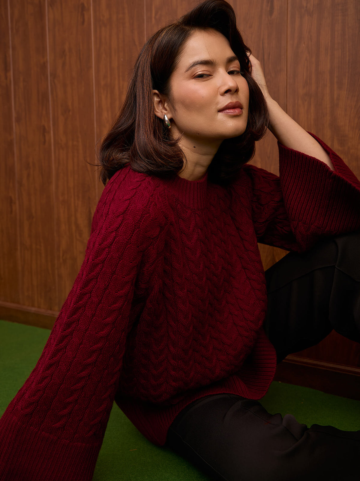Gigi Cable Knit Sweater-Wine