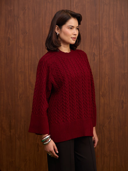 Gigi Cable Knit Sweater-Wine