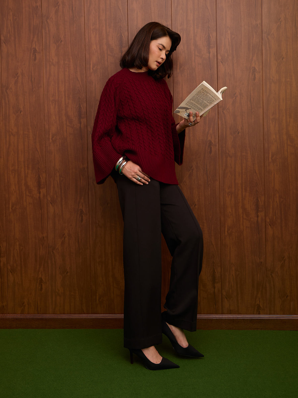 Gigi Cable Knit Sweater-Wine