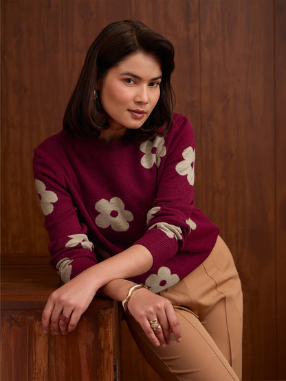 Caldera Big Floral Jacquard Sweater-Hot Pink