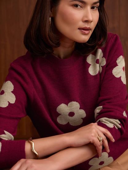Caldera Big Floral Jacquard Sweater-Hot Pink