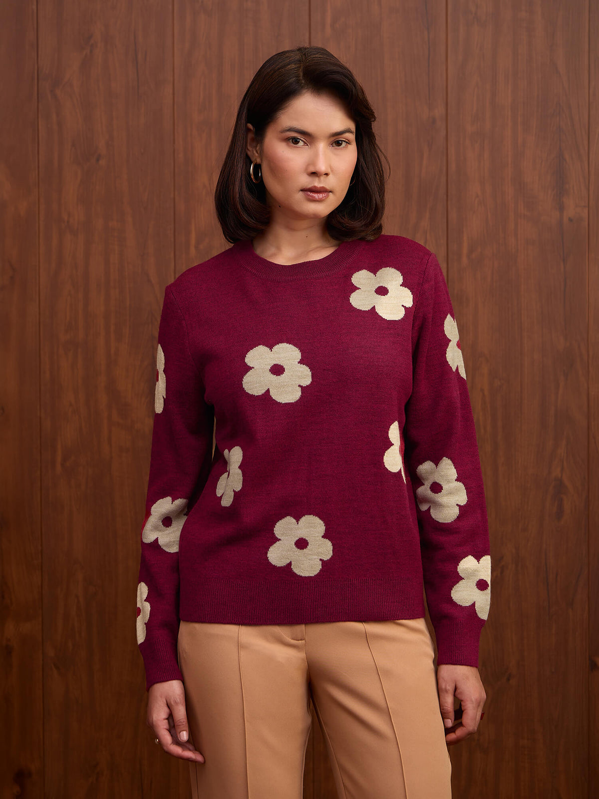 Caldera Big Floral Jacquard Sweater-Hot Pink