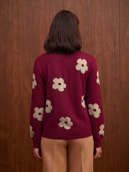 Caldera Big Floral Jacquard Sweater-Hot Pink