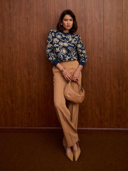 Rune Intricate Floral Jacquard Sweater-Navy Blue