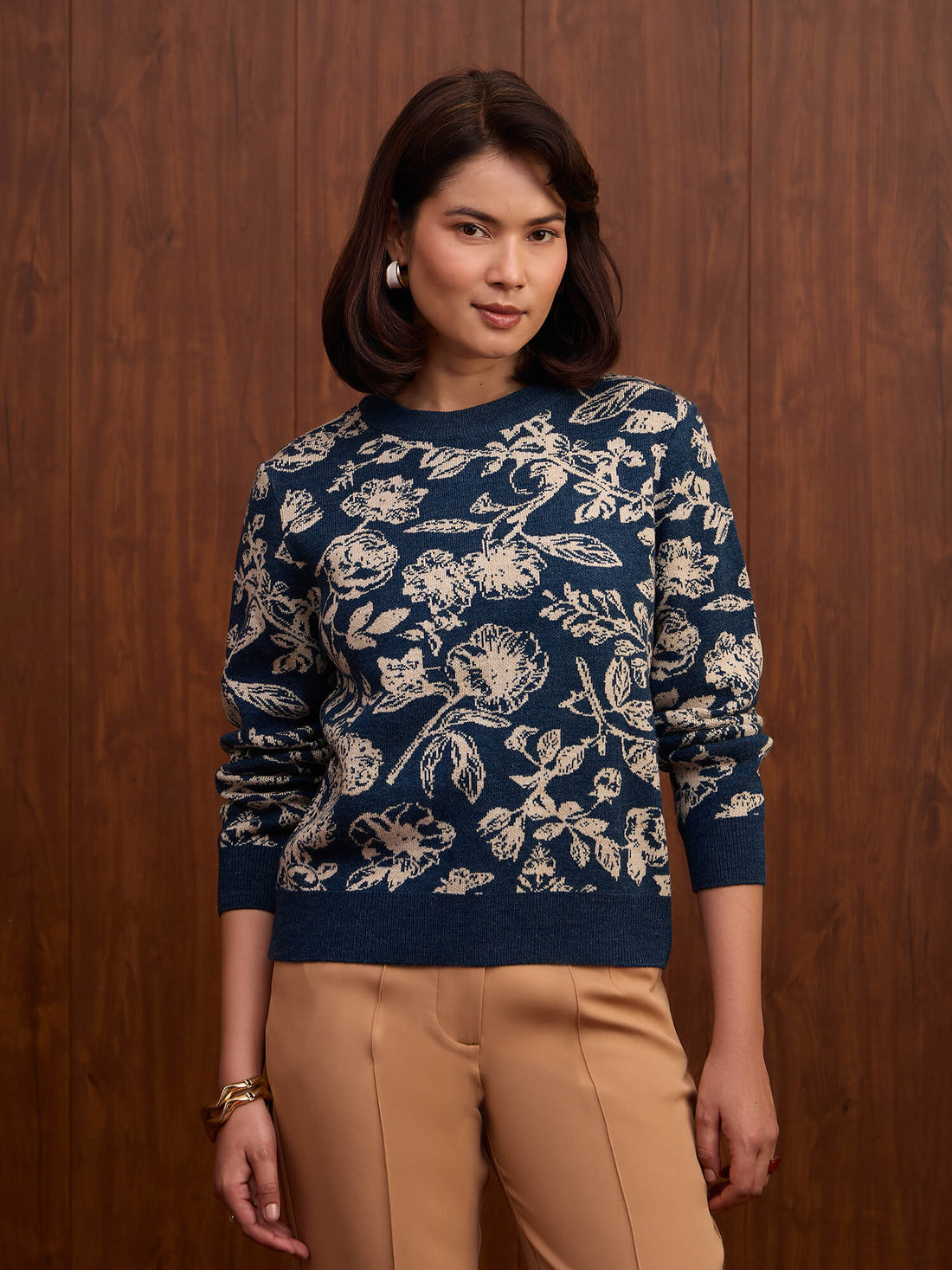 Rune Intricate Floral Jacquard Sweater-Navy Blue