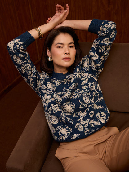 Rune Intricate Floral Jacquard Sweater-Navy Blue