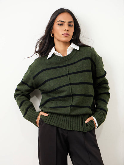 Penelope Striped Knit Sweater-Olive And Black
