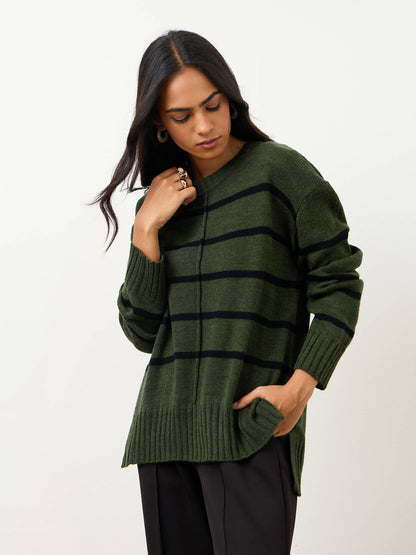 Penelope Striped Knit Sweater-Olive And Black