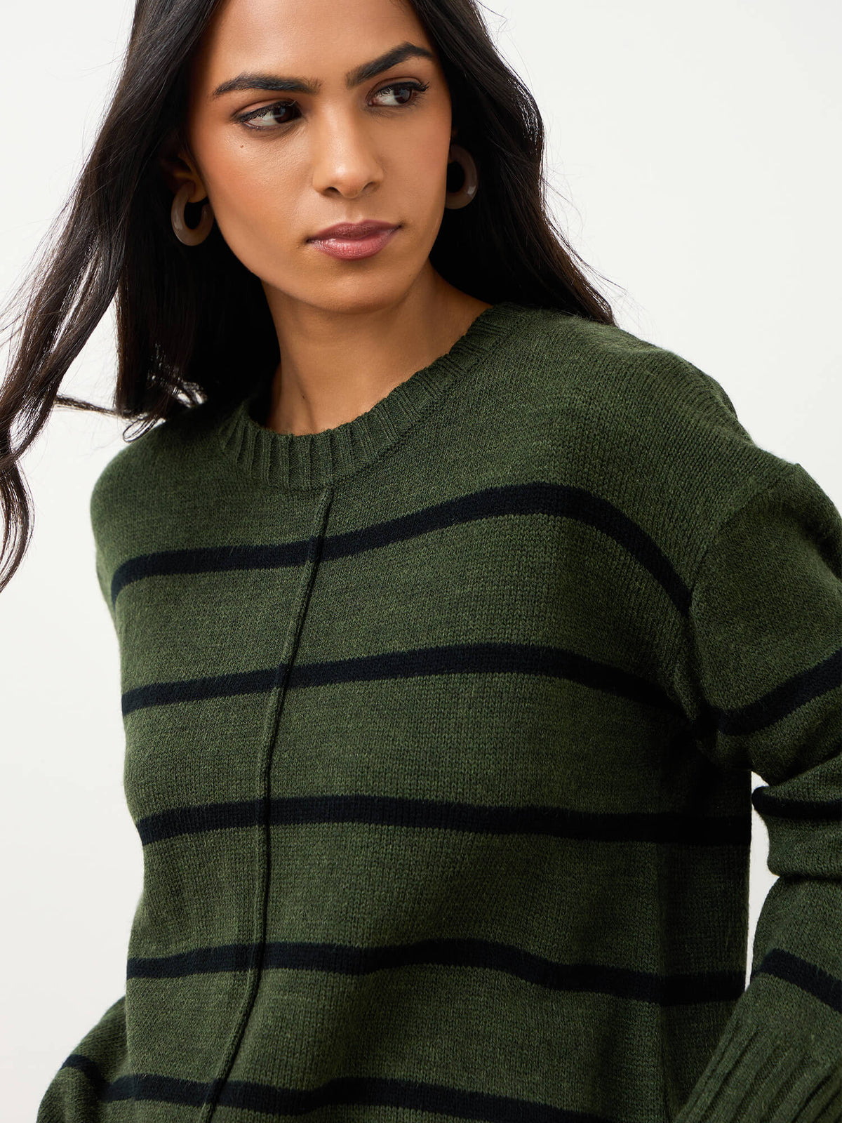 Penelope Striped Knit Sweater-Olive And Black