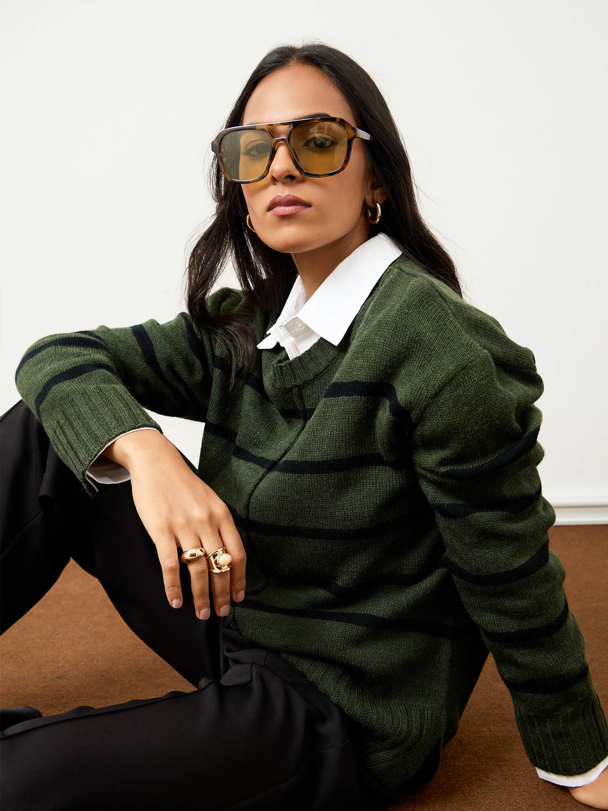 Penelope Striped Knit Sweater-Olive And Black