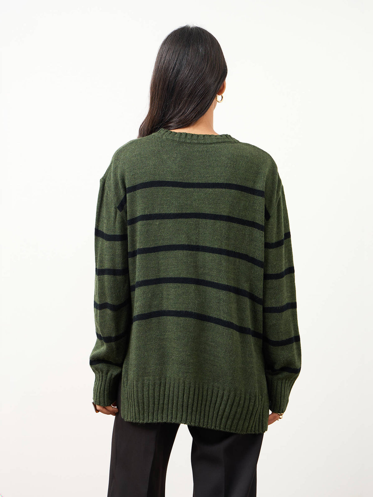 Penelope Striped Knit Sweater-Olive And Black
