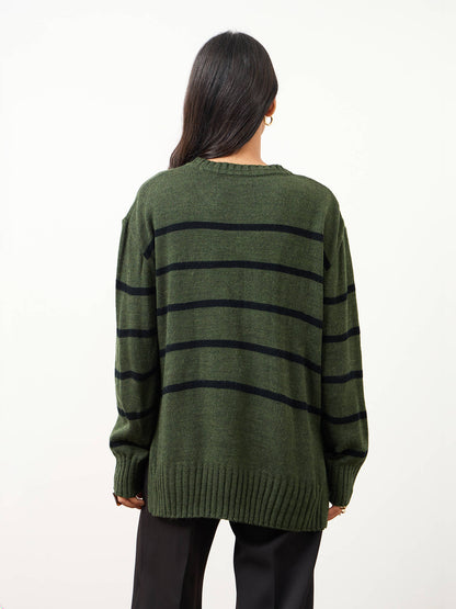 Penelope Striped Knit Sweater-Olive And Black