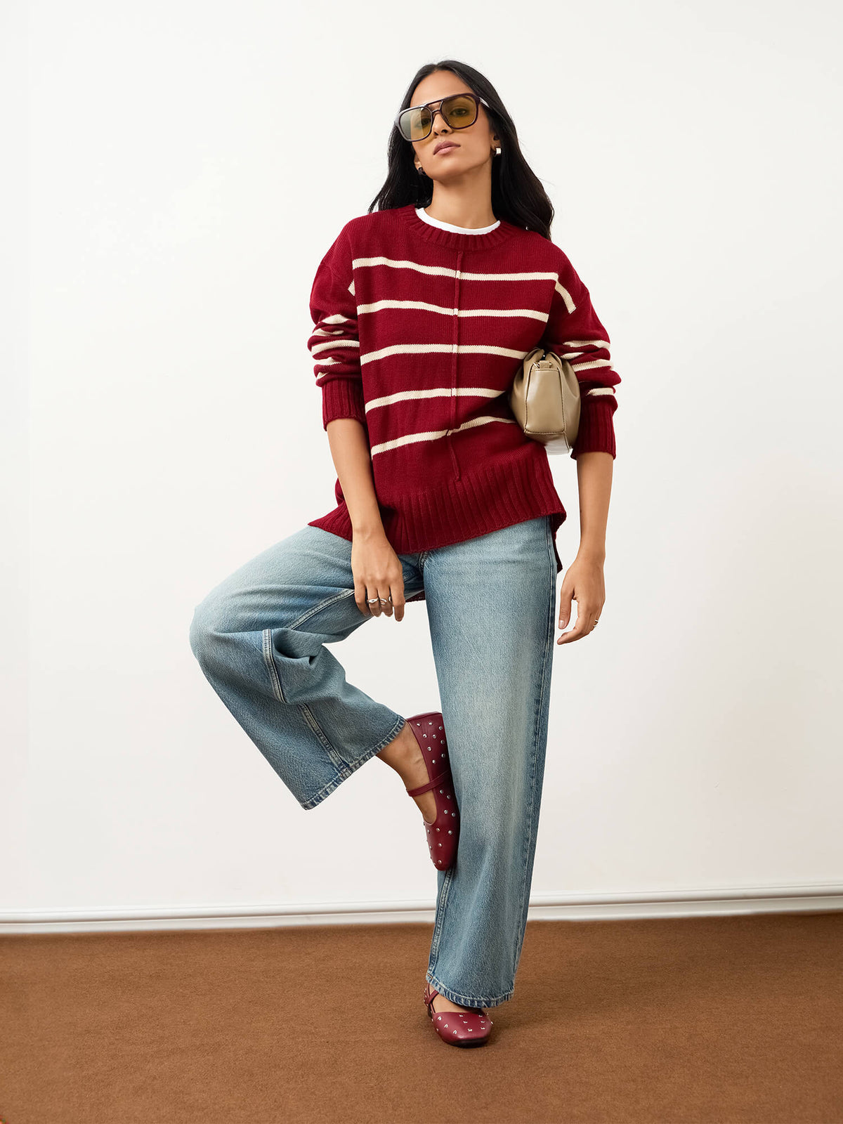 Penelope Striped Knit Sweater-Burgundy And Cream