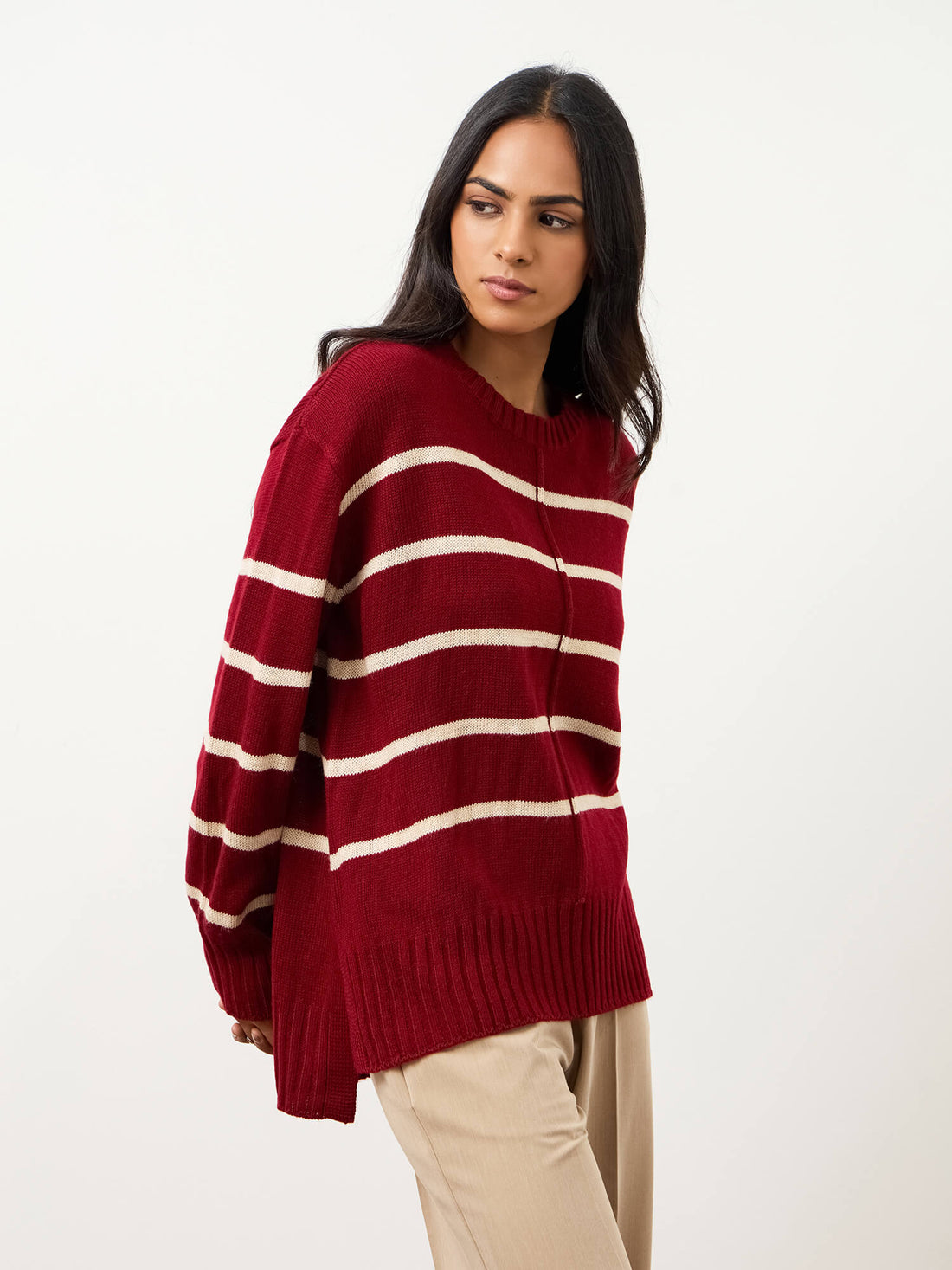 Penelope Striped Knit Sweater-Burgundy And Cream