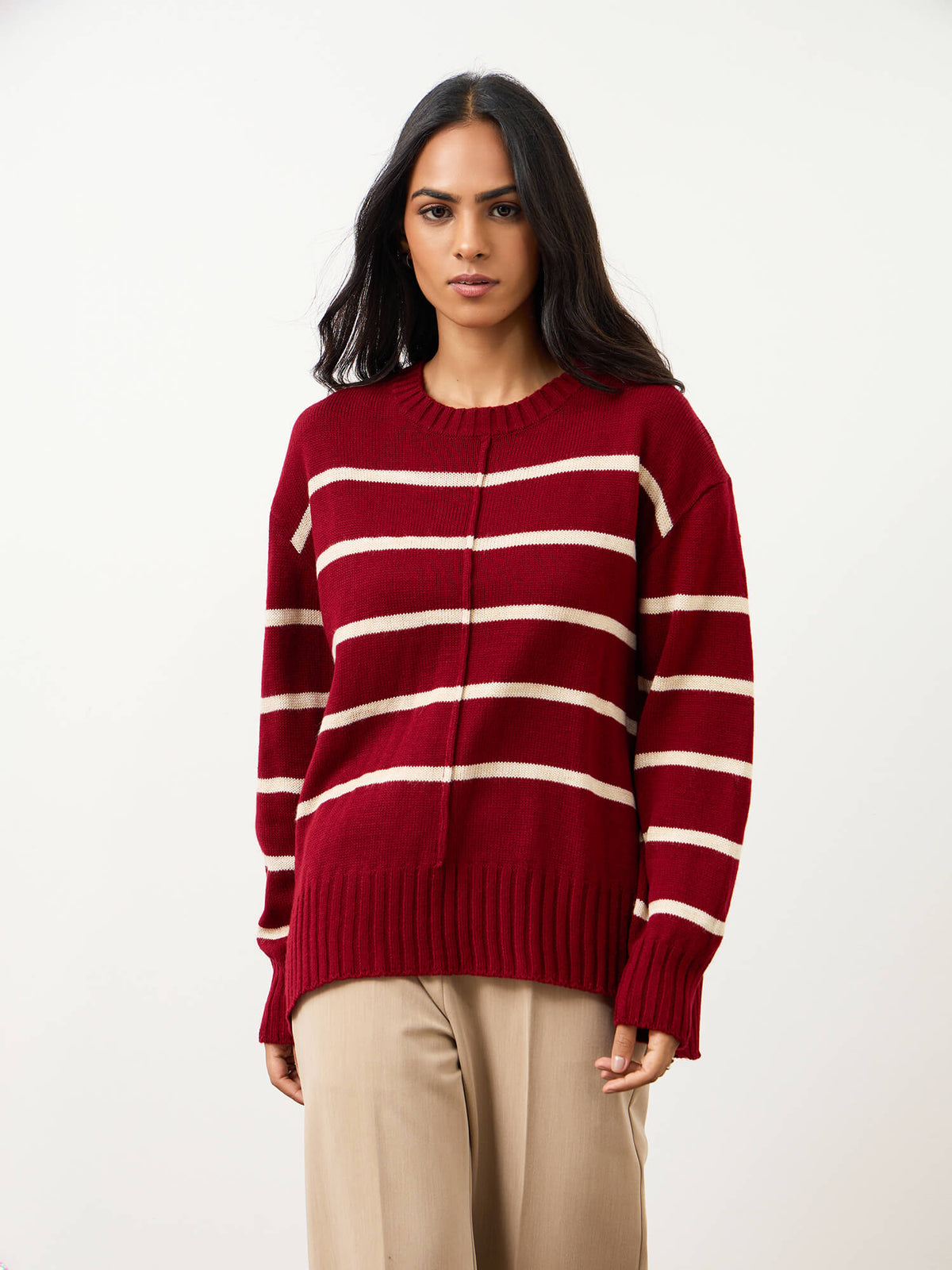 Penelope Striped Knit Sweater-Burgundy And Cream