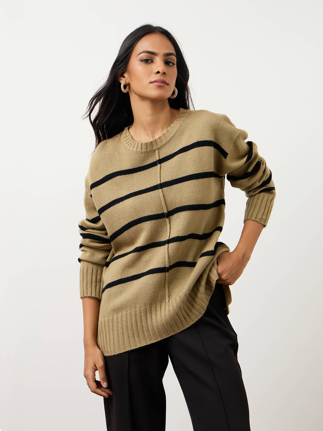 Penelope Striped Knit Sweater-Beige And Black