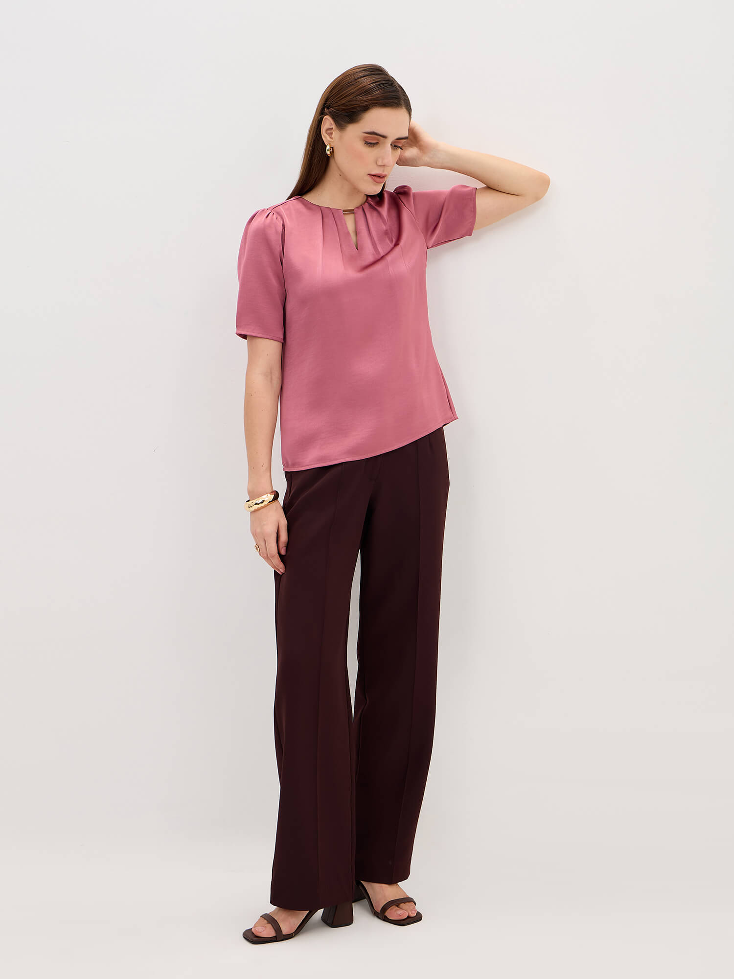 Knox Pleated Neck Top-Rose Pink