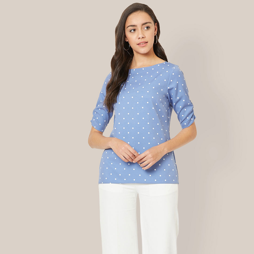 Spica Ruched sleeve polka Top - Blue