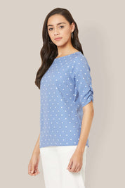 Spica Ruched sleeve polka Top - Blue