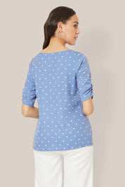 Spica Ruched sleeve polka Top - Blue