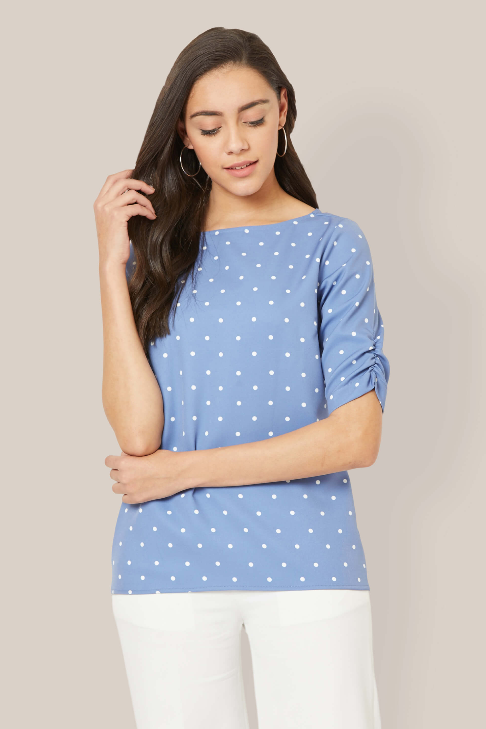 Spica Ruched sleeve polka Top - Blue