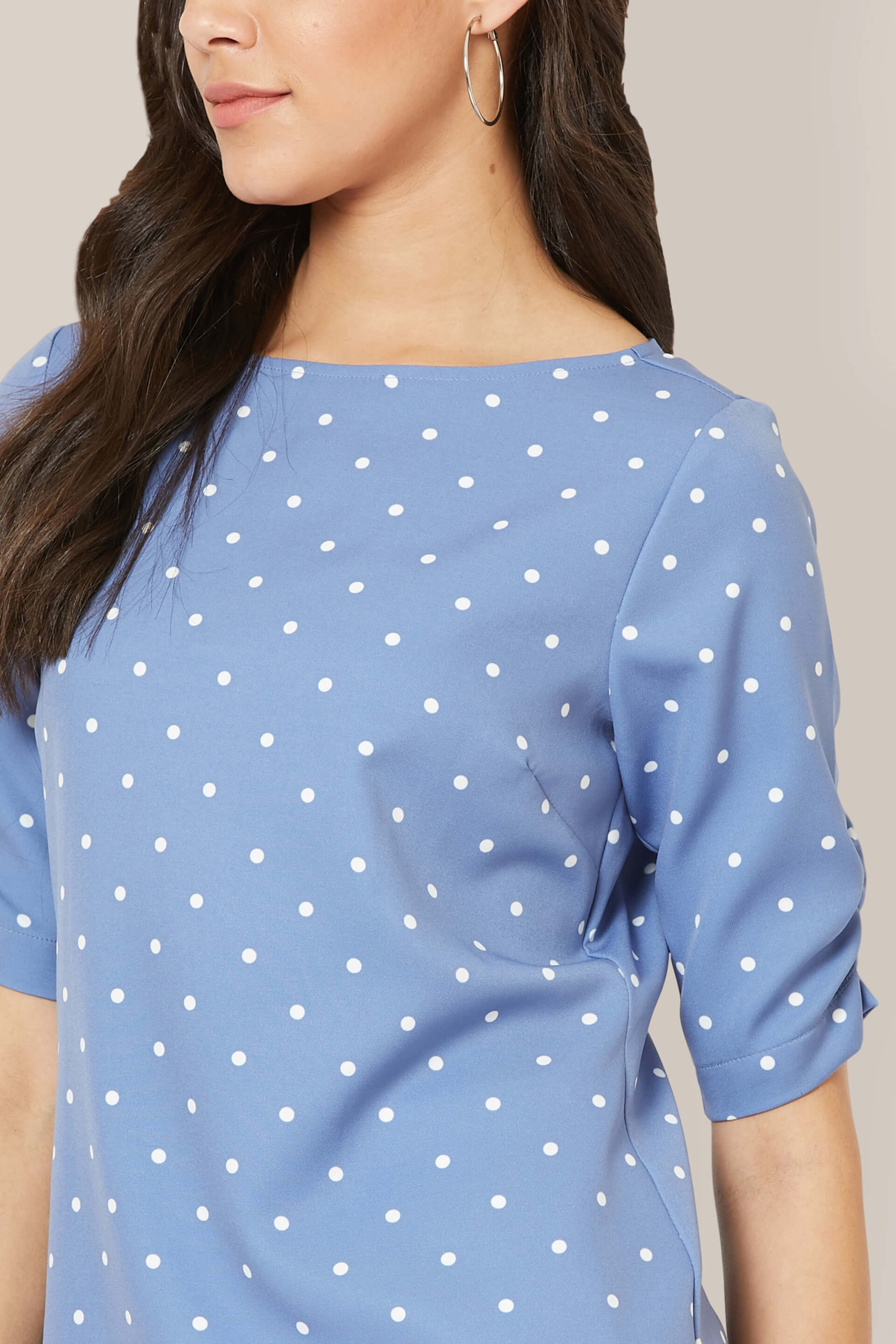 Spica Ruched sleeve polka Top - Blue