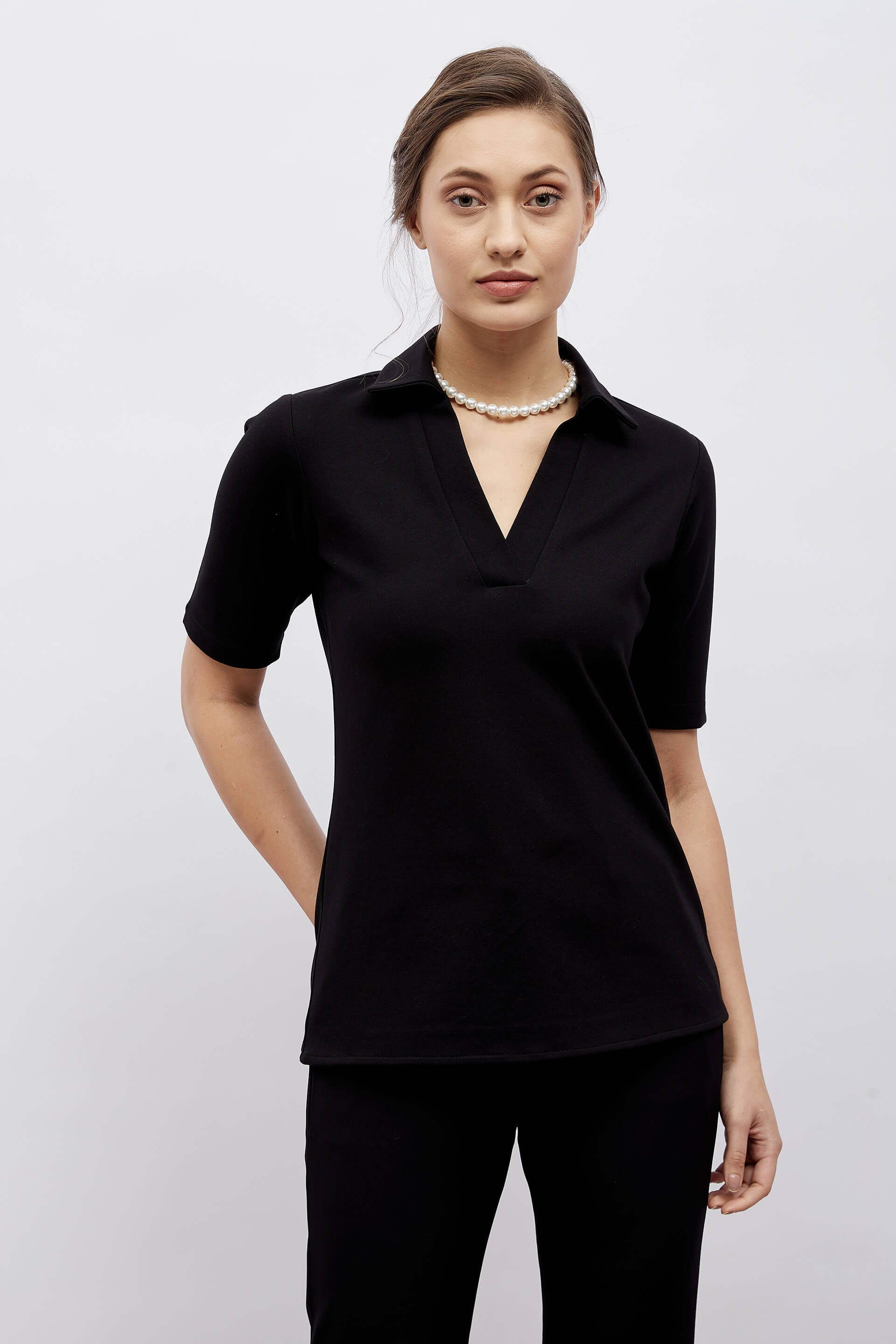 Woody-Black Knit Collared V-neck Top - Black