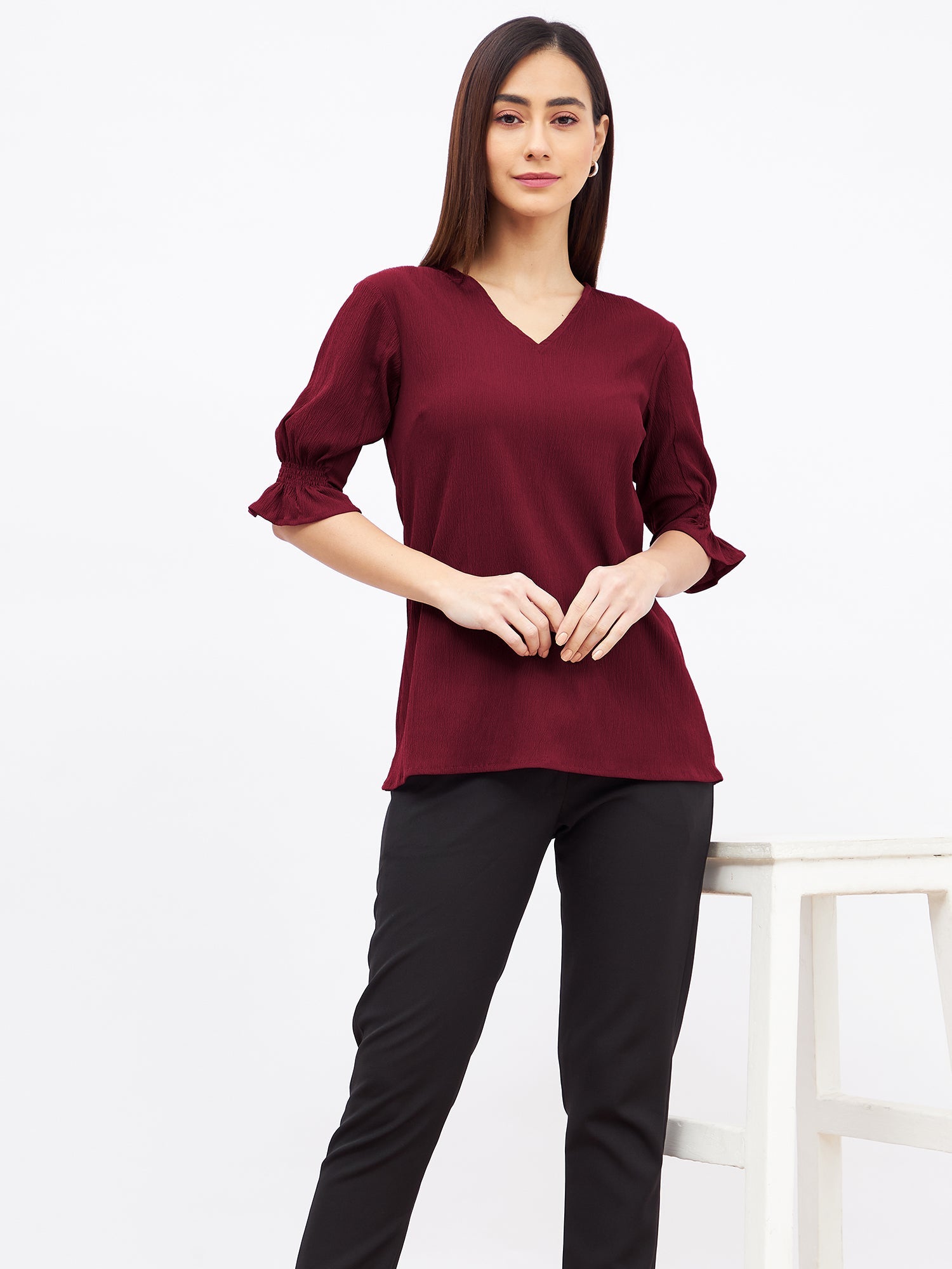 Lychee Smocked Sleeves Top-Maroon