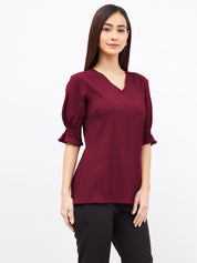 Lychee Smocked Sleeves Top-Maroon