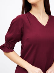 Lychee Smocked Sleeves Top-Maroon