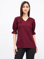 Lychee Smocked Sleeves Top-Maroon