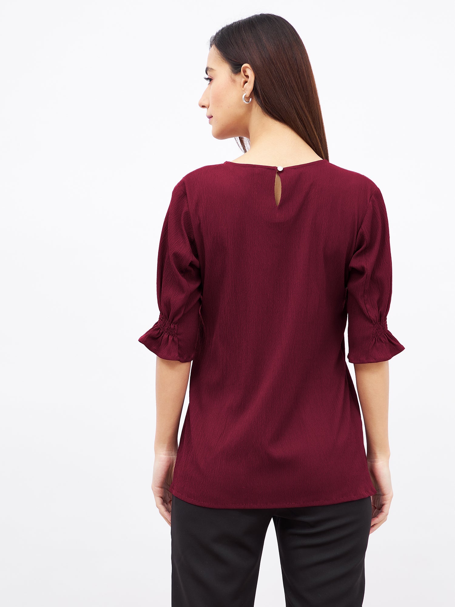 Lychee Smocked Sleeves Top-Maroon