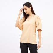 Mandarin Margarita Flutter Sleeves Top - Beige