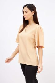 Mandarin Margarita Flutter Sleeves Top - Beige