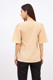 Mandarin Margarita Flutter Sleeves Top - Beige