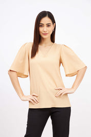 Mandarin Margarita Flutter Sleeves Top - Beige