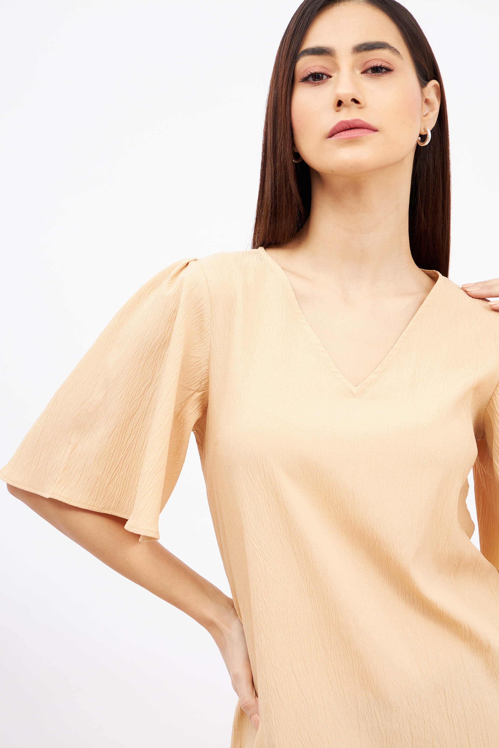 Mandarin Margarita Flutter Sleeves Top - Beige