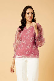 Aboli Smocked Floral Smocked Sleeves Top - Dark Pink