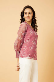 Aboli Smocked Floral Smocked Sleeves Top - Dark Pink