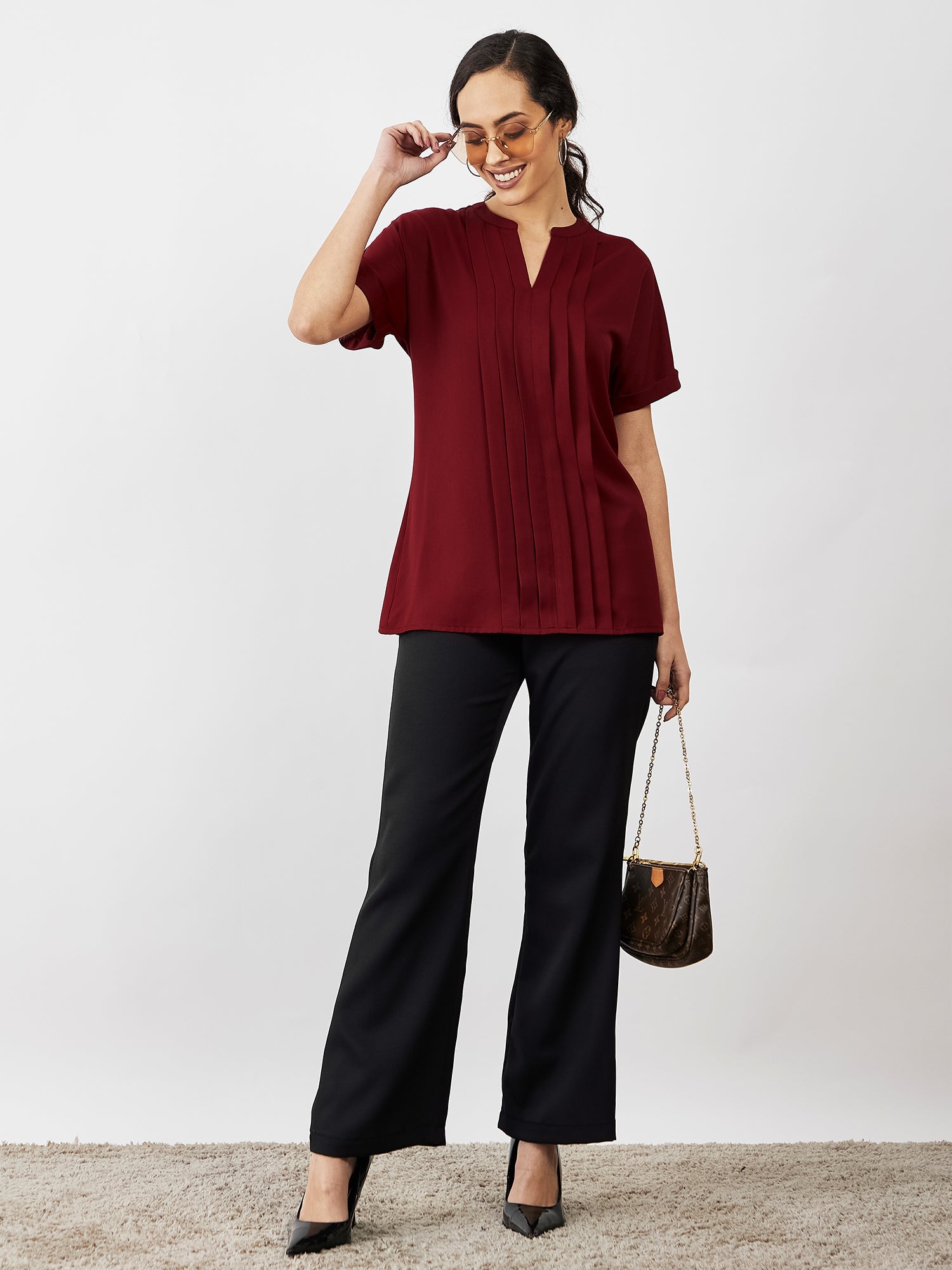 Mulled Wine Pleated Top - Maroon