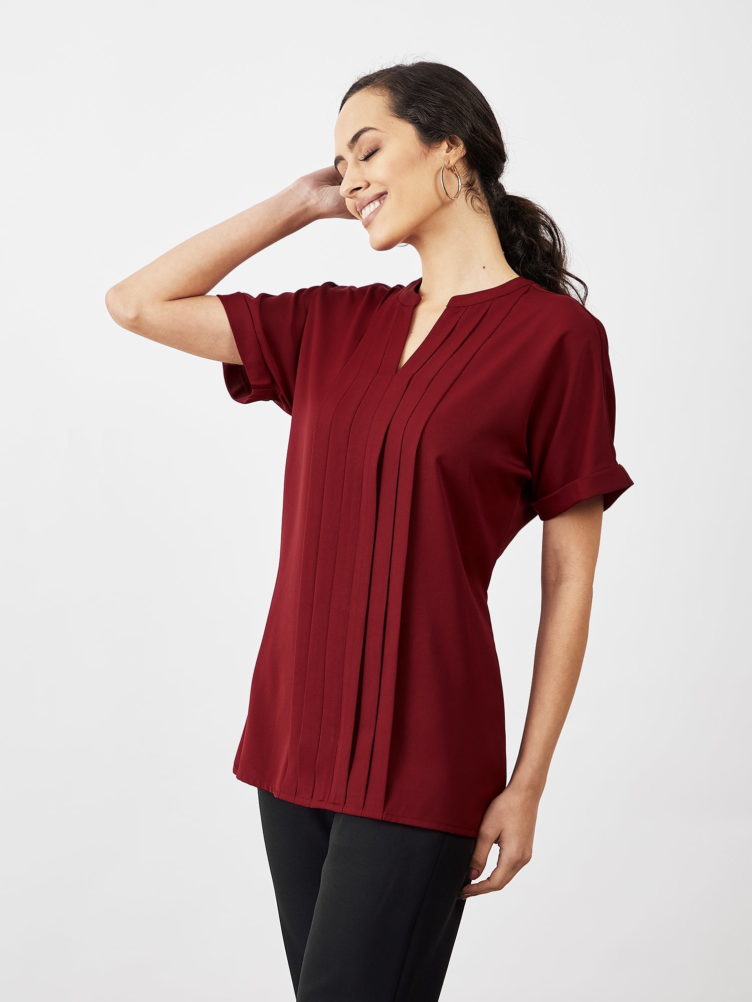 Mulled Wine Pleated Top - Maroon