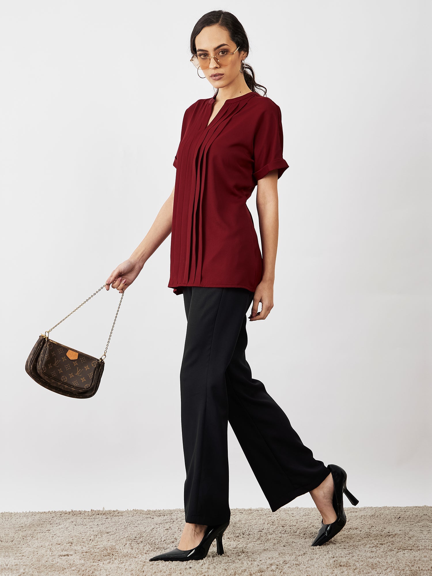 Mulled Wine Pleated Top - Maroon