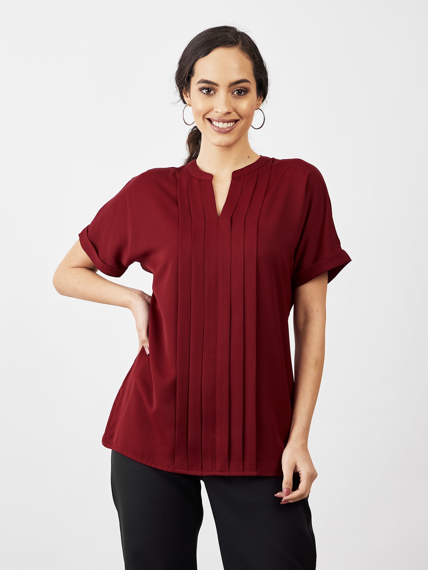 Mulled Wine Pleated Top - Maroon