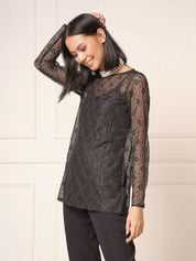 Melanie Boat Neck Lace Top-Black