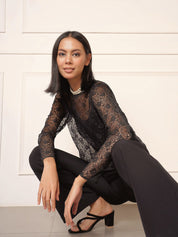 Melanie Boat Neck Lace Top-Black