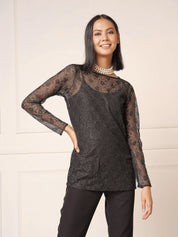 Melanie Boat Neck Lace Top-Black