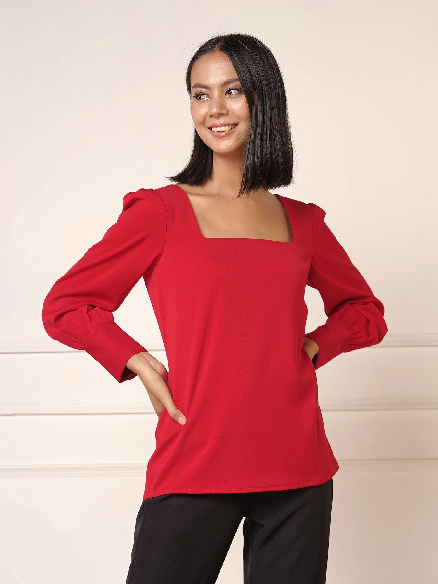 Victoria Square Neck Top-Carmine red